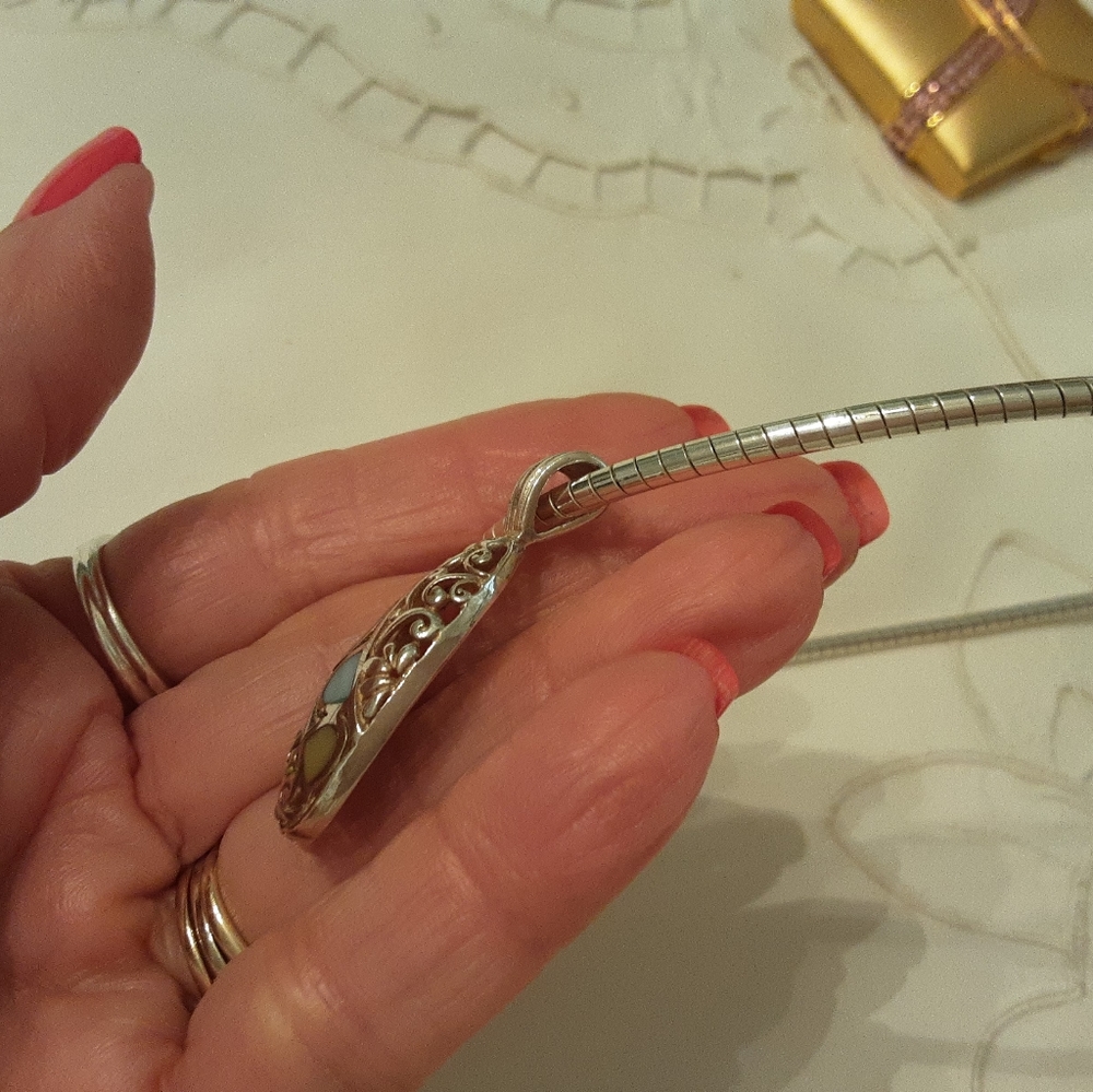 VINTAGE 925 STERLING MULTI-STONE SLIDE WITH 925 18" STERLING TWISTED ROPE CHAIN - Picture 13 of 16
